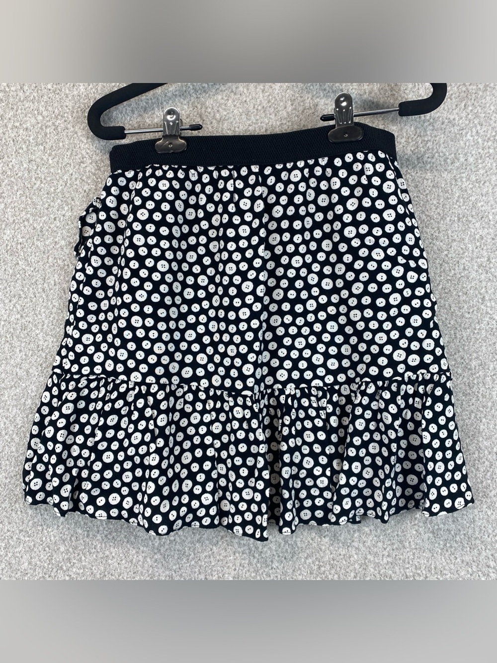 Maeve Anthropologie Paulista Mini Skirt S Button Print Ruffle Black White Travel - Picture 7 of 10